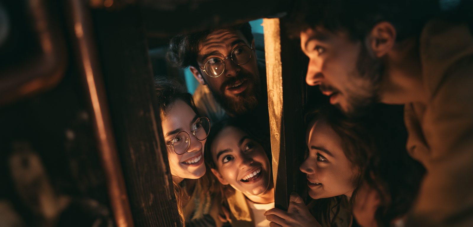 Vier Freunde entdecken gemeinsam ein Rätsel im Escape Room Köln